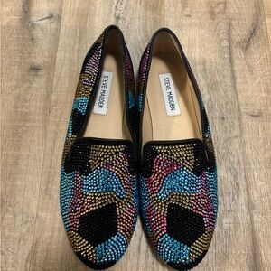 Steve Madden Black and Multicolor Crystal Embellished Loafers